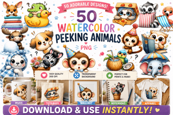 50 Watercolor Wonders Peeking Animals: A Playful Typeface for Brands