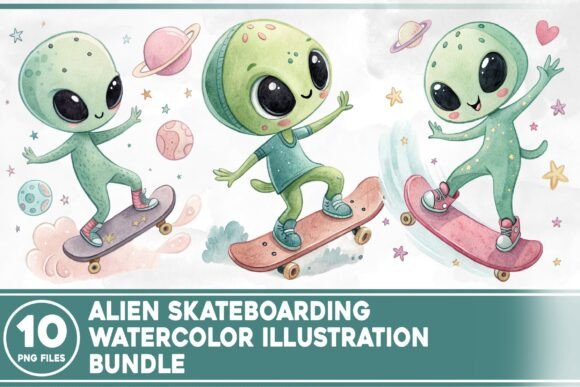 Alien Skateboarding Watercolor Bundle