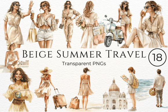 Beige Summer Travel Watercolor Clipart