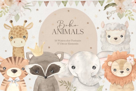 Boho Animal Portraits Watercolor Clipart