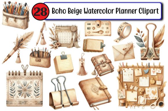 Boho Beige Watercolor Planner Clipart