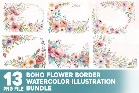 Boho Flower Border Watercolor Bundle