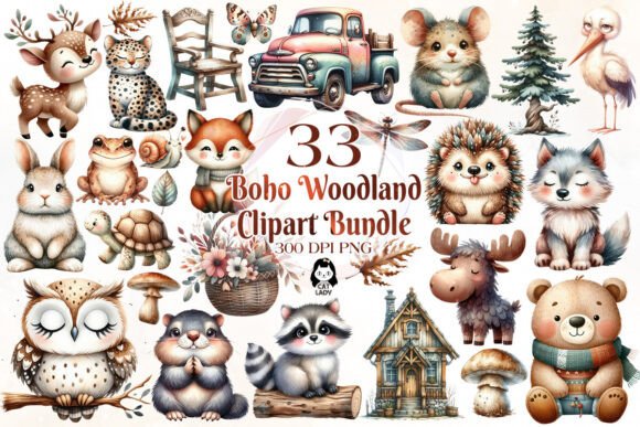 Boho Woodland Animals Watercolor Clipart