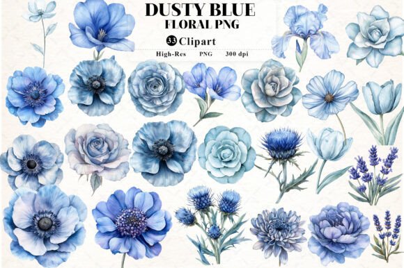 Dusty Blue Watercolor Floral Clipart