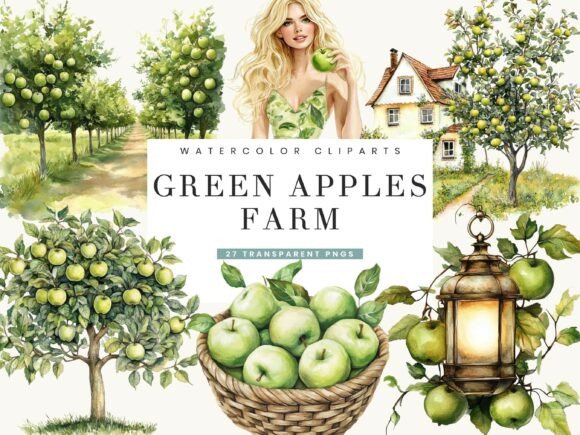 From Orchard to Digital: The Charm of Watercolor Green Apples Farm Clipart