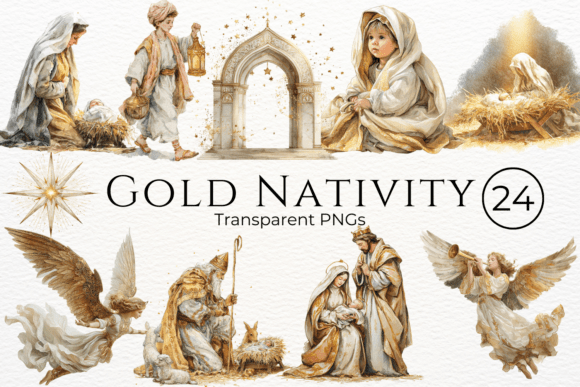 Gold Nativity Watercolor Clipart