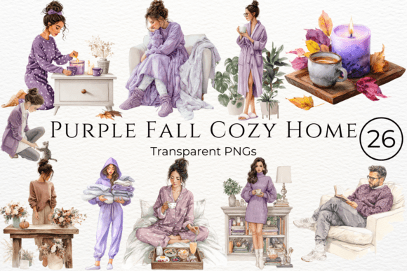 Purple Fall Cozy Home Watercolor Clipart