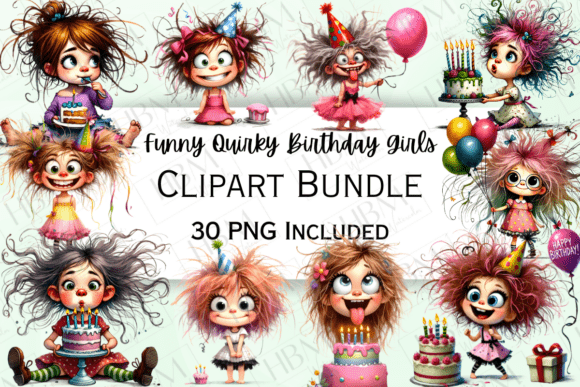 Quirky Watercolor Birthday Girls Clipart