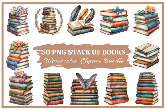 Stack of Books Watercolor Clipart Bundle for Designers