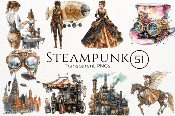 Steampunk Watercolor Cliparts for Modern Creative Projects