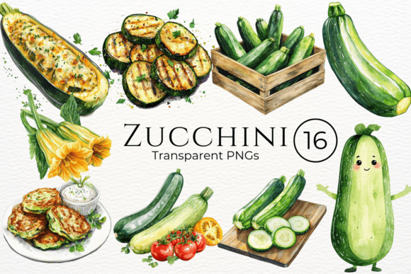 The Natural Charm of Zucchini Watercolor Cliparts