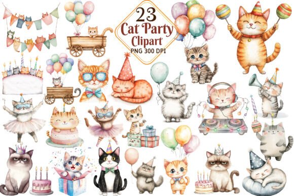The Whimsical World of Cat Party Watercolor Clipart