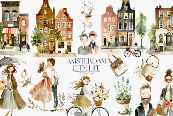 Watercolor Amsterdam City Clipart Set for Creatives