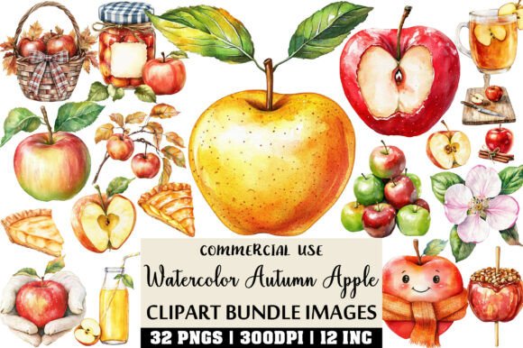 Watercolor Autumn Apple Clipart Bundle