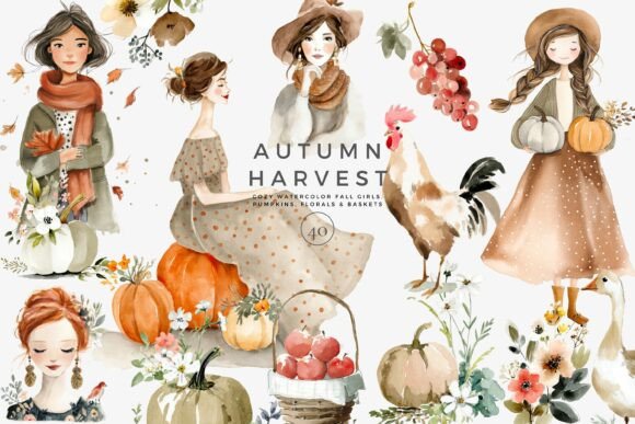 Watercolor Autumn Clipart Fall Girls Set for Creative Projects