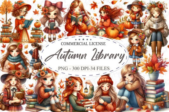Watercolor Autumn Library Clipart for Designers
