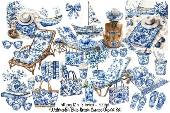 Watercolor Blue Beach Escape Clipart Set