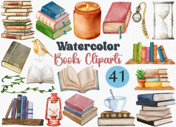 Watercolor Books Clipart and Book Stack PNG