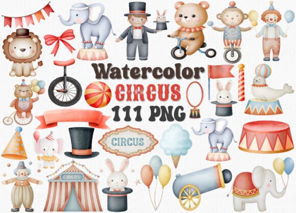 Watercolor Circus Clipart & Carnival PNG for Designers