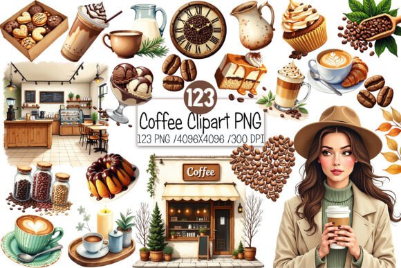 Watercolor Coffee Clipart PNG Bundle for Creatives