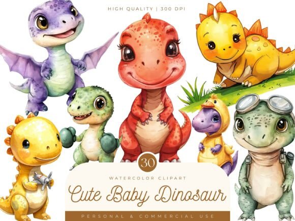 Watercolor Cute Baby Dinosaur Clipart for Modern Design Projects