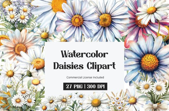 Watercolor Daisies Clipart for Branding and Design