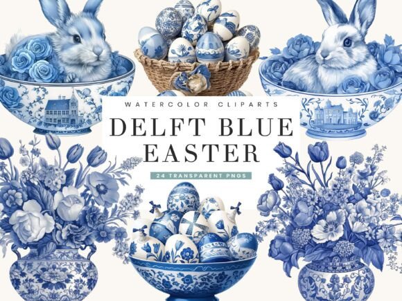 Watercolor Delft Blue Easter Clipart