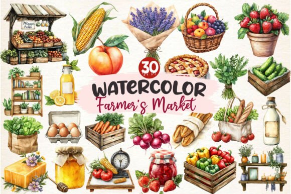 Watercolor Farmer's Market Clipart for Authentic Branding