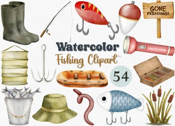 Watercolor Fishing Clipart Set for Creative Projects