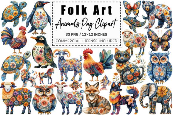Watercolor Folk Art Animals Clipart for Branding and Design