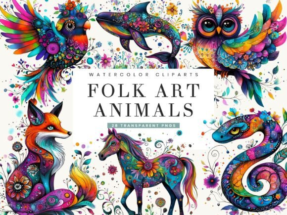 Watercolor Folk Art Animals Clipart for Creatives