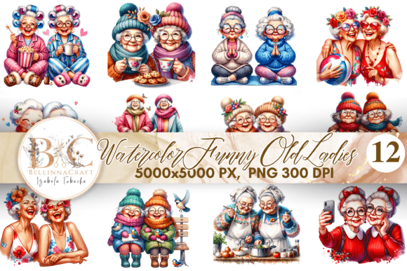 Watercolor Funny Old Ladies Clipart PNG