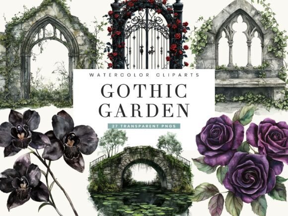 Watercolor Gothic Garden Clipart: Dark Floral Charm