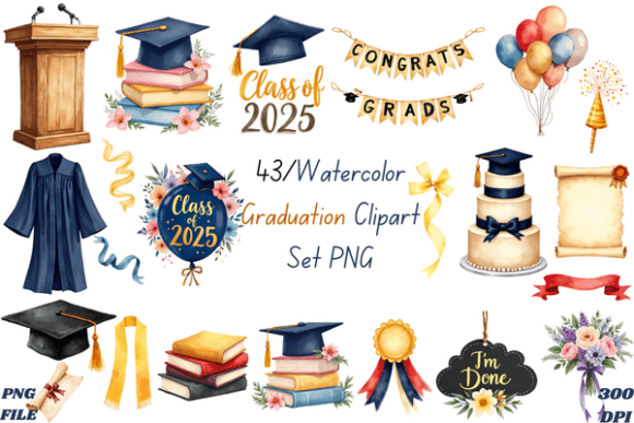 Watercolor Graduation Clipart Set for Creative Projects