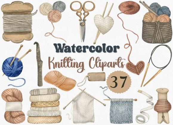 Watercolor Knitting Clipart Set: 37 Hand-Painted PNGs