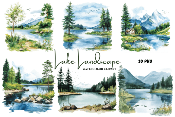 Watercolor Lake Landscape Clipart