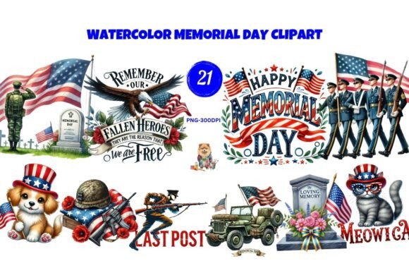 Watercolor Memorial Day USA Army Clipart for Design Projects