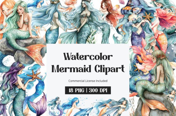 Watercolor Mermaid Clipart: Whimsy for Brand & Design