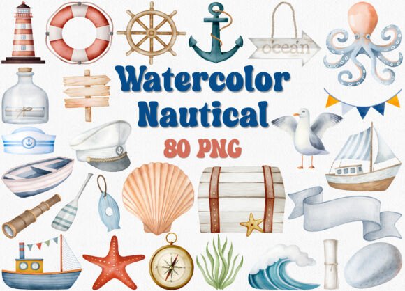 Watercolor Nautical Clipart & Ocean Png
