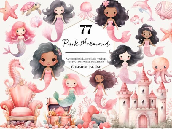 Watercolor Pink Mermaid Clipart