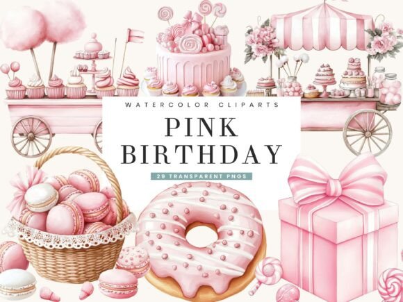 Watercolor Pink Sweets Birthday Clipart for Delightful Designs