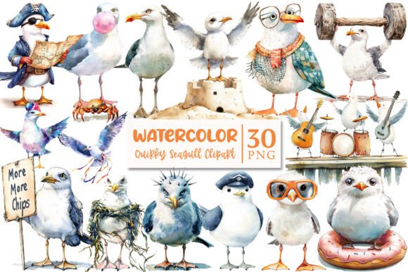 Watercolor Quirky Seagull Clipart for Playful Branding
