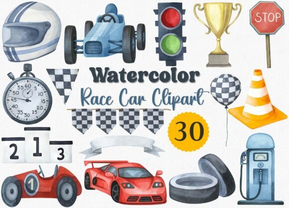 Watercolor Race Car Clipart: Racing PNG Assets