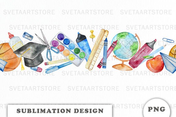 Watercolor School Seamless Border Png for Design