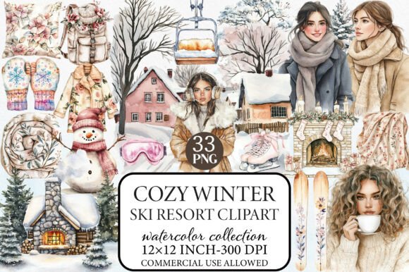 Watercolor Ski Resort Clipart and Cozy Wint