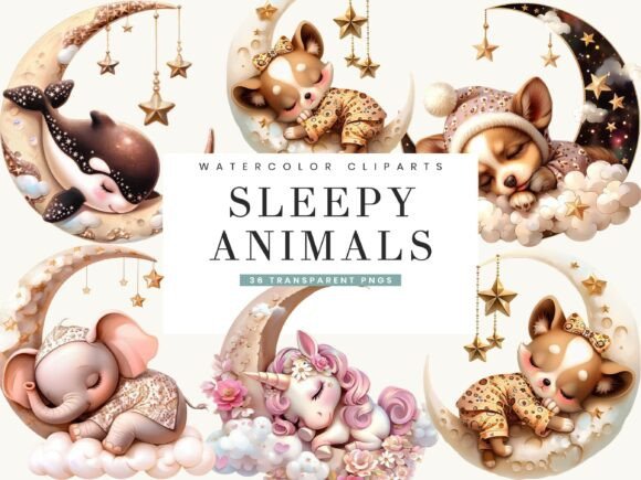 Watercolor Sleepy Animals Clipart for Gentle Design Work