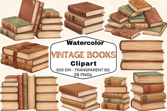 Watercolor Vintage Books Clipart