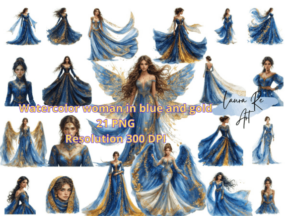 Watercolor Woman in Blue and Gold