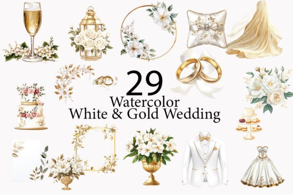 White Gold Wedding Watercolor Clipart