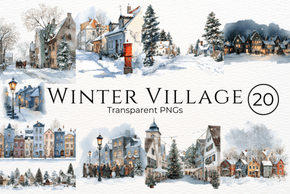 Winter Village Watercolor Clipart for Cozy Branding